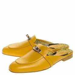Hermes Mustard Calfskin Leather Palladium Plated Oz Mules Size 41 For Women -Deals Hermes Store luxury women hermes used shoes p255302 005