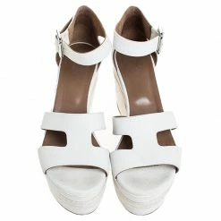 Hermes White Textured Leather Ilana Espadrille Wedge Sandals Size 39 For Women -Deals Hermes Store luxury women hermes used shoes p255665 003