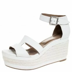 Hermes White Textured Leather Ilana Espadrille Wedge Sandals Size 39 For Women