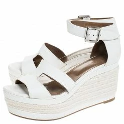 Hermes White Textured Leather Ilana Espadrille Wedge Sandals Size 39 For Women -Deals Hermes Store luxury women hermes used shoes p255665 006