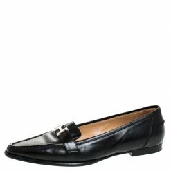 Hermes Black Leather Silver H Logo Loafers Size 39.5 For Women