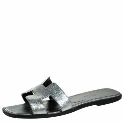 Hermes Metallic Gunmetal Textured Leather Oran Flat Slides Size 37 For Women