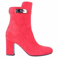 Hermes Red Suede Leather Joueuse Ankle Boots Size 35 For Women