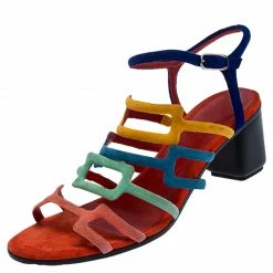 Hermes Multicolor Suede Oracle Block Heel Ankle Strap Sandals Size 38 For Women