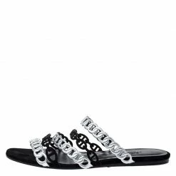 Hermes Metallic Silver Leather And Black Suede Chaine D'ancre Flat Sandals Size 40 For Women -Deals Hermes Store luxury women hermes used shoes p259052 005
