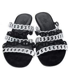 Hermes Metallic Silver Leather And Black Suede Chaine D'ancre Flat Sandals Size 40 For Women -Deals Hermes Store luxury women hermes used shoes p259052 007
