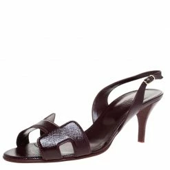 Hermes Dark Burgundy Patent Leather Night Slingback Sandals Size 40.5 For Women