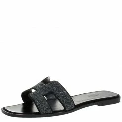 Hermes Black Crystal Suede Oran Flat Slides Size 40.5 For Women