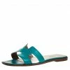 Hermes Turquoise Leather Oran Slide Sandals Size 40 For Women