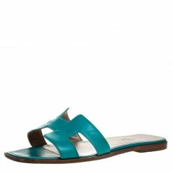 Hermes Turquoise Leather Oran Slide Sandals Size 40 For Women