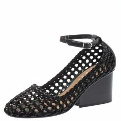 Hermes Black Woven Leather And Suede Block Heel Pumps Size 40 For Women