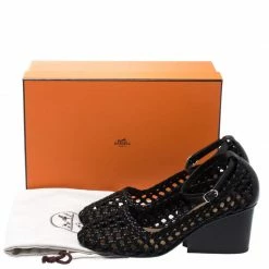 Hermes Black Woven Leather And Suede Block Heel Pumps Size 40 For Women -Deals Hermes Store luxury women hermes used shoes p269370 009