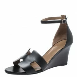 Hermes Black Leather Legend Wedge Ankle Strap Sandals Size 40 For Women