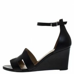 Hermes Black Leather Legend Wedge Ankle Strap Sandals Size 38 For Women -Deals Hermes Store luxury women hermes used shoes p276490 005
