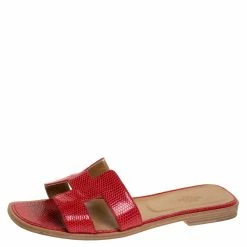 Hermes Red Lizard Oran Slide Flats Size 40 For Women