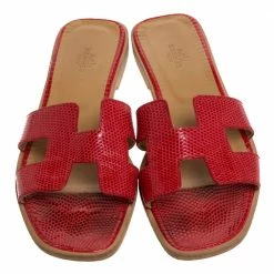 Hermes Red Lizard Oran Slide Flats Size 40 For Women -Deals Hermes Store luxury women hermes used shoes p279327 004
