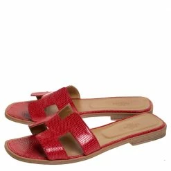 Hermes Red Lizard Oran Slide Flats Size 40 For Women -Deals Hermes Store luxury women hermes used shoes p279327 009
