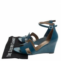 Hermes Teal Leather Legend Wedge Ankle Strap Sandals Size 40 For Women -Deals Hermes Store luxury women hermes used shoes p279340 007