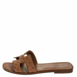 Hermes Brown Ostrich Leather Oran Sandals Size 39 For Women -Deals Hermes Store luxury women hermes used shoes p279412 005