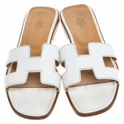 Hermes White Leather Oran Slide Sandals Size 40.5 For Women -Deals Hermes Store luxury women hermes used shoes p280465 003