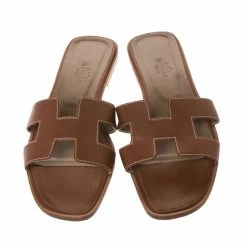 Hermes Brown Leather Oran Flat Slides Size 38.5 For Women -Deals Hermes Store luxury women hermes used shoes p286434 006