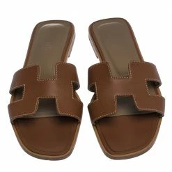 Hermes Brown Leather Oran Slide Flats Size 38 For Women -Deals Hermes Store luxury women hermes used shoes p287245 003