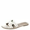 Hermes White Stitch Detail Leather Oran Slides Flats Size 41 For Women