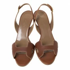 Hermes Brown Leather Night Slingback Sandals Size 37.5 For Women -Deals Hermes Store luxury women hermes used shoes p292267 007