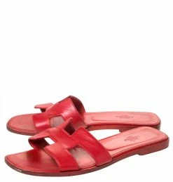 Hermes Red Leather Oran Slide Flats Size 39 For Women -Deals Hermes Store luxury women hermes used shoes p294912 002