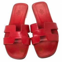 Hermes Red Leather Oran Slide Flats Size 39 For Women -Deals Hermes Store luxury women hermes used shoes p294912 006