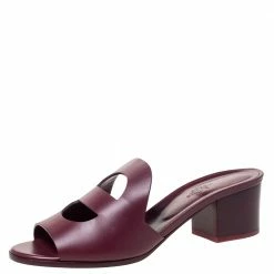 Hermes Burgundy Leather Mona Slide Sandals Size 39.5 For Women