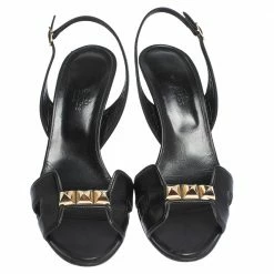 Hermes Black Leather Studded Night Slingback Sandals Size 38.5 For Women -Deals Hermes Store luxury women hermes used shoes p299567 001