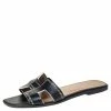 Hermes Black Textured Patent Cut Out Detail Oran Sandals Size 39 For Women