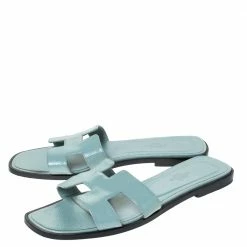 Hermes Light Blue Patent Leather Oran Flat Slides Size 38 For Women -Deals Hermes Store luxury women hermes used shoes p306696 006
