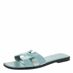Hermes Light Blue Patent Leather Oran Flat Slides Size 38 For Women