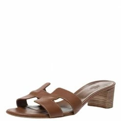 Hermes Brown Leather Oasis Slide Sandals Size 38 For Women