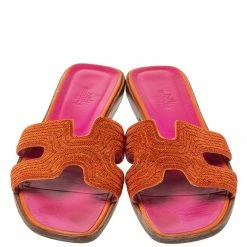 Hermes Orange/Pink Twill Oran Herringbone Dabka Slide Flats Size 39 For Women -Deals Hermes Store luxury women hermes used shoes p316836 003
