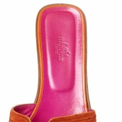 Hermes Orange/Pink Twill Oran Herringbone Dabka Slide Flats Size 39 For Women -Deals Hermes Store luxury women hermes used shoes p316836 007