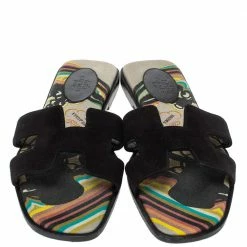 Hermes Black/Multicolor Suede And Canvas Brides De Gala Oran Flat Slides Size 39 For Women -Deals Hermes Store luxury women hermes used shoes p317035 002