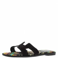 Hermes Black/Multicolor Suede And Canvas Brides De Gala Oran Flat Slides Size 39 For Women