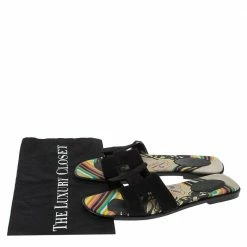 Hermes Black/Multicolor Suede And Canvas Brides De Gala Oran Flat Slides Size 39 For Women -Deals Hermes Store luxury women hermes used shoes p317035 008