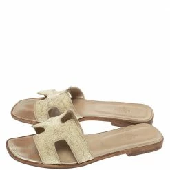 Hermes Metallic Pale Gold Twisted Metal Thread Oran Sandals Size 40 For Women -Deals Hermes Store luxury women hermes used shoes p317353 001