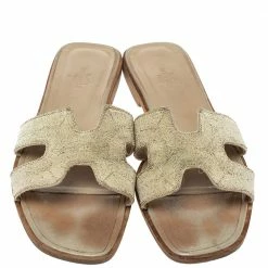 Hermes Metallic Pale Gold Twisted Metal Thread Oran Sandals Size 40 For Women -Deals Hermes Store luxury women hermes used shoes p317353 002