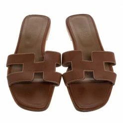 Hermes Brown Leather Oran Flat Sandals Size 42 For Women -Deals Hermes Store luxury women hermes used shoes p321917 005