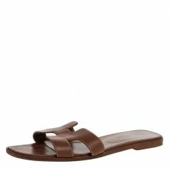 Hermes Brown Leather Oran Flat Sandals Size 42 For Women
