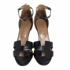 Hermes Black Leather Premiere Ankle Strap Wedge Sandals Size 39 For Women -Deals Hermes Store luxury women hermes used shoes p323261 002