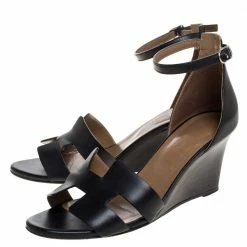 Hermes Black Leather Premiere Ankle Strap Wedge Sandals Size 39 For Women -Deals Hermes Store luxury women hermes used shoes p323261 007