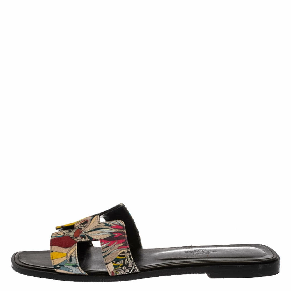 Hermes Multicolor Modernisme Tropical Print Canvas Oran Flat Slides Size 38 For Women 4 Hermes Multicolor Modernisme Tropical Print Canvas Oran Flat Slides Size 38 For Women - Image 2