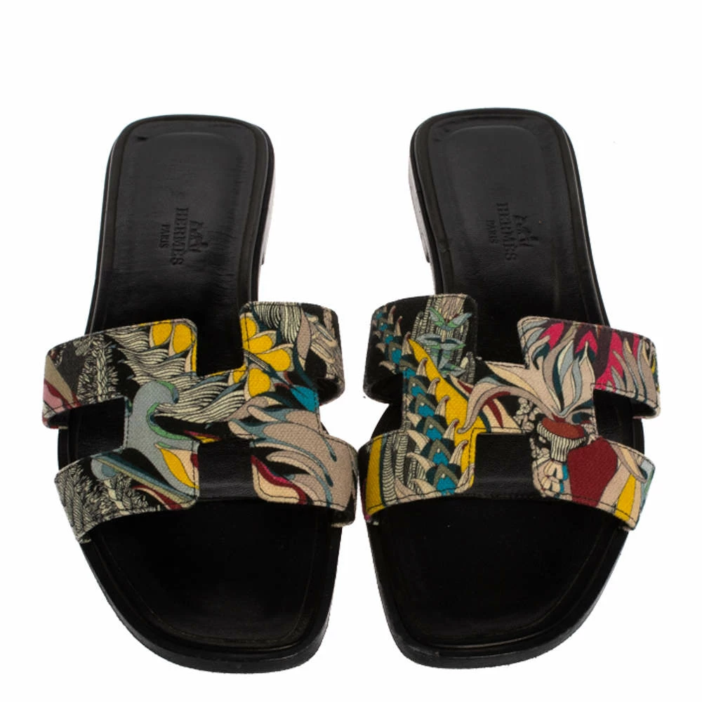 Hermes Multicolor Modernisme Tropical Print Canvas Oran Flat Slides Size 38 For Women 5 Hermes Multicolor Modernisme Tropical Print Canvas Oran Flat Slides Size 38 For Women - Image 3