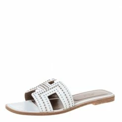 Hermes White Leather Oran Studded Flat Slides Size 40 For Women